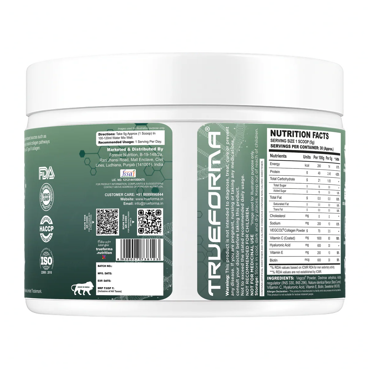 Trueforma® Veg Collagen with Type I & Type III With Vitamin C & Hyaluronic Acid | 30 Servings Main image