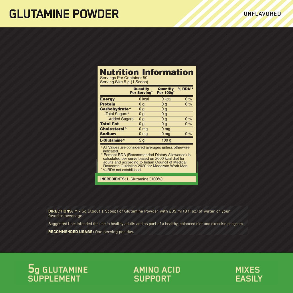 Optimum Nutrition (ON) L-Glutamine Powder- 250 Gram, 50 Serves,Unflavoured