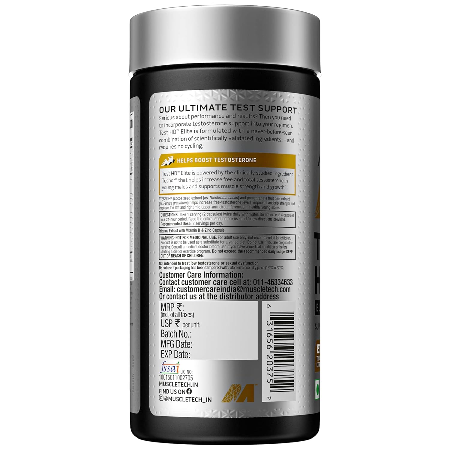 MuscleTech Test HD Elite Boost Free Testosterone Levels, 60 Veggie Capsules