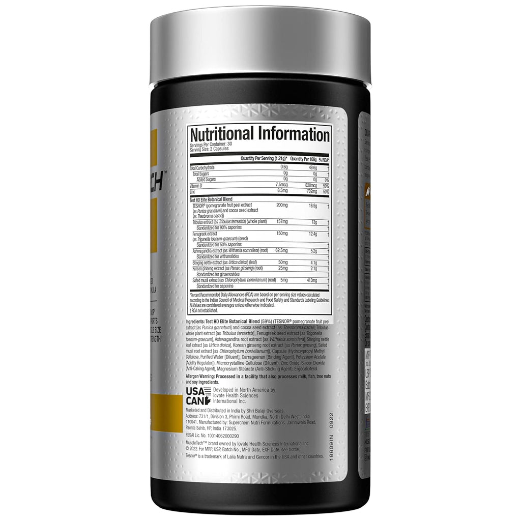 MuscleTech Test HD Elite Boost Free Testosterone Levels, 60 Veggie Capsules
