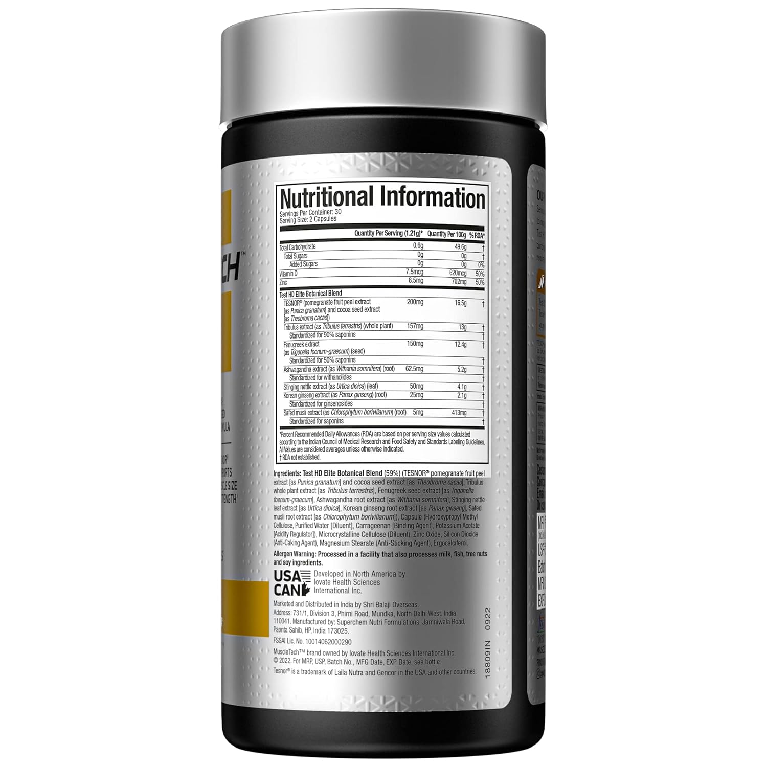 MuscleTech Test HD Elite Boost Free Testosterone Levels, 60 Veggie Capsules