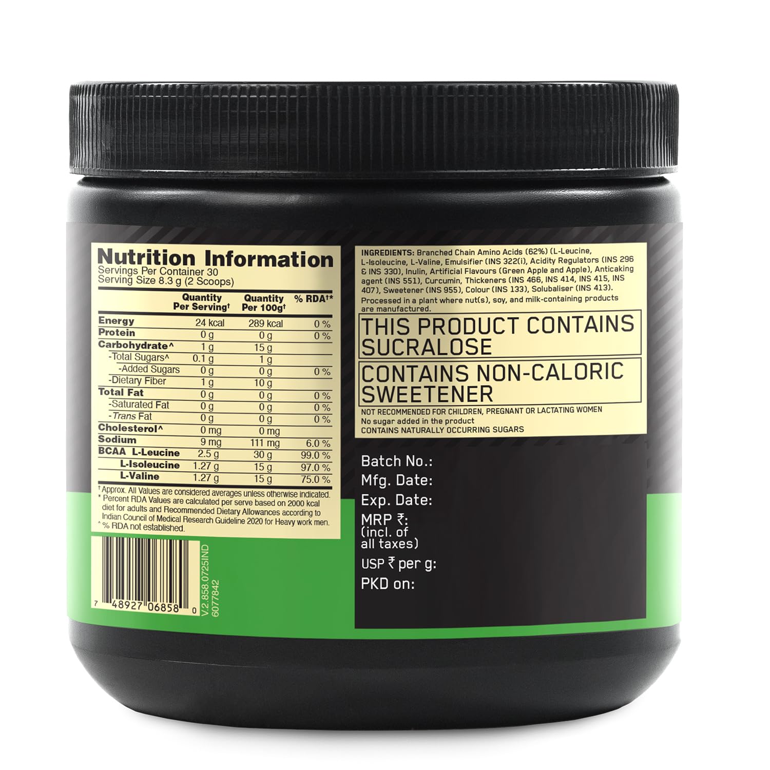 Optimum Nutrition BCAA, 5g BCAAs in 2:1:1 Ratio, 30 serving,(250gm, Green Apple)