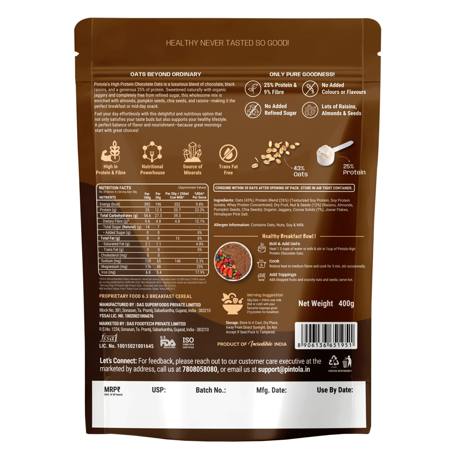PINTOLA 25g High Protein Oats 1kg, Dark Chocolate