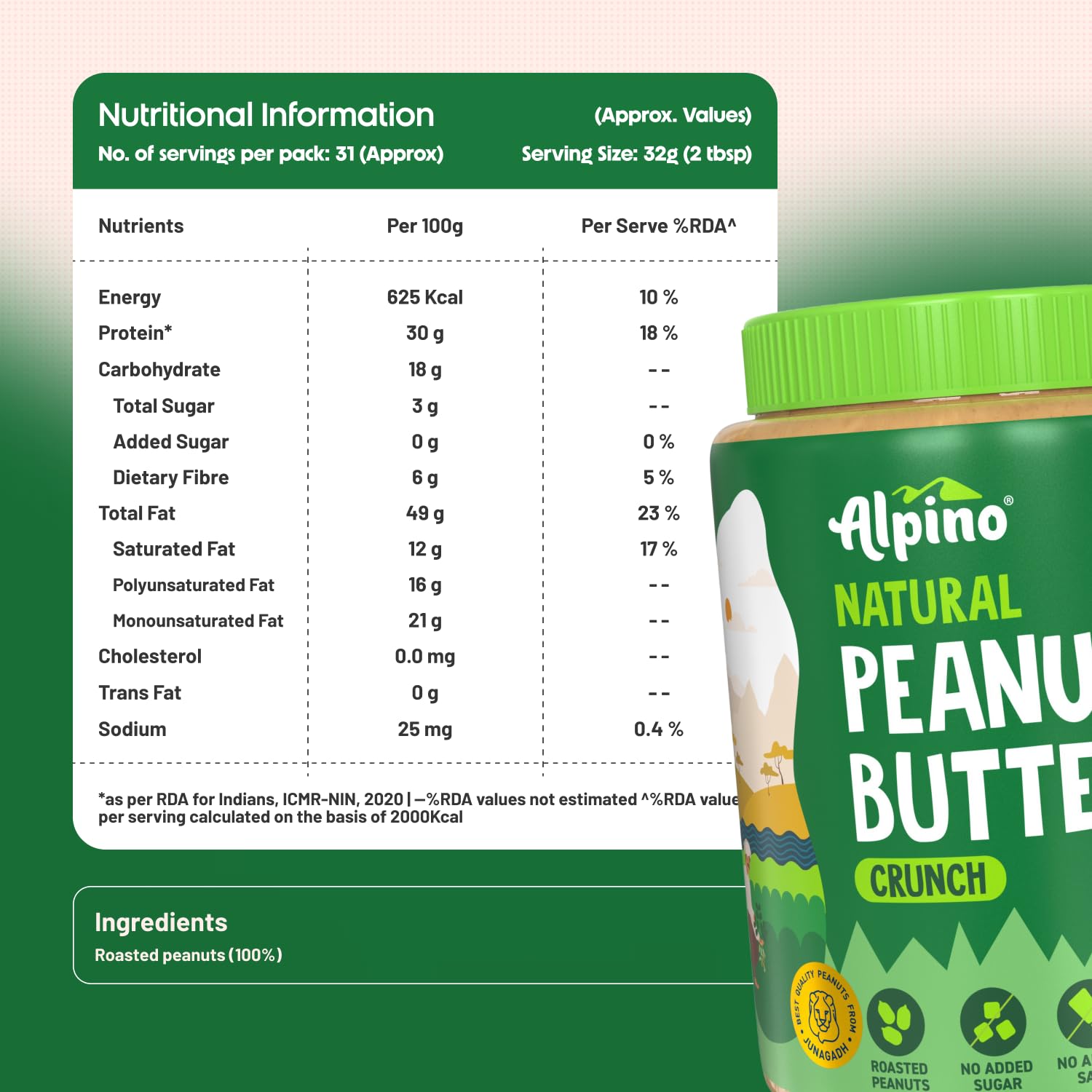 ALPINO 30g High Protein Natural Peanut Butter 1kg