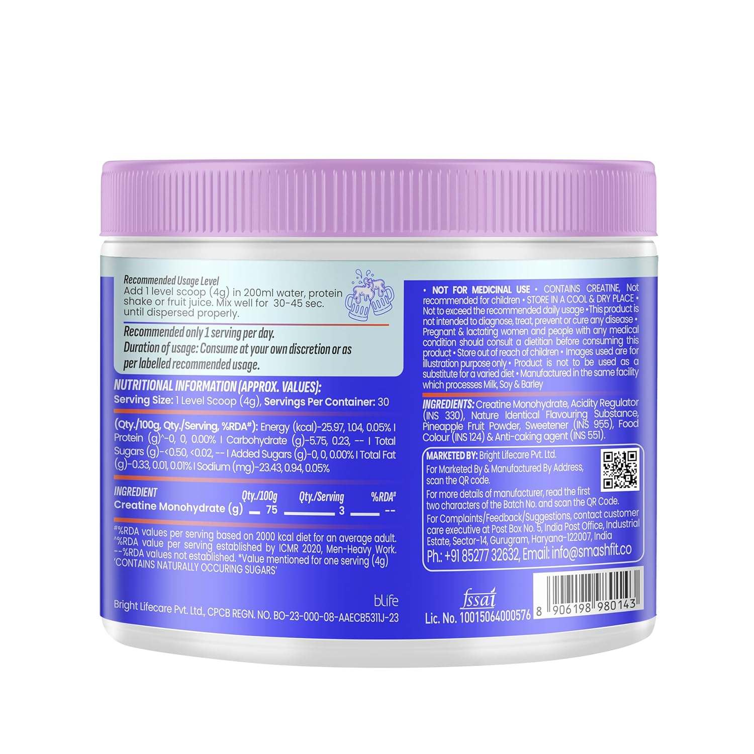 SMASH Micronised Creatine Monohydrate Powder (30 Servings, 120g)