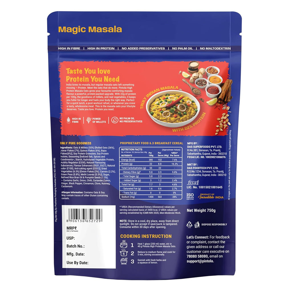 Pintola 22g High Protein Masala Oats 400g, Magic Masala