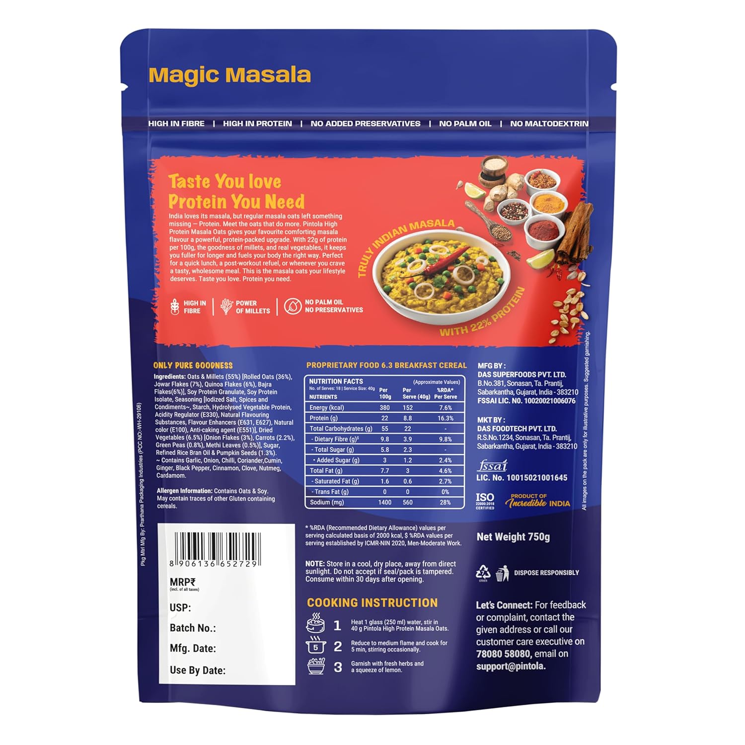 Pintola 22g High Protein Masala Oats 400g, Magic Masala