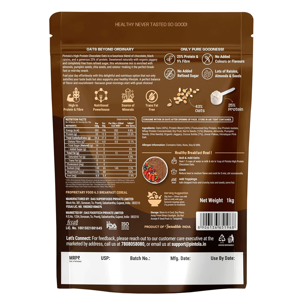 PINTOLA 25g High Protein Oats 1kg, Dark Chocolate