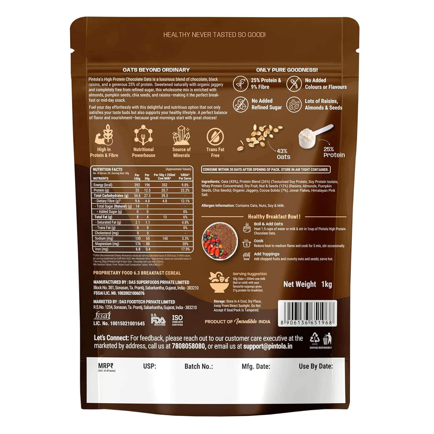 PINTOLA 25g High Protein Oats 1kg, Dark Chocolate