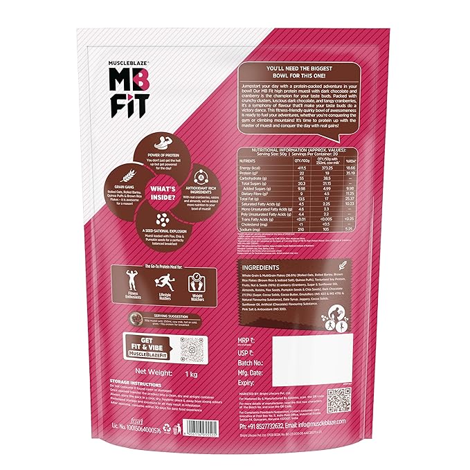 MuscleBlaze Fit High Protein Muesli (1kg, Dark Chocolate & Cranberry)