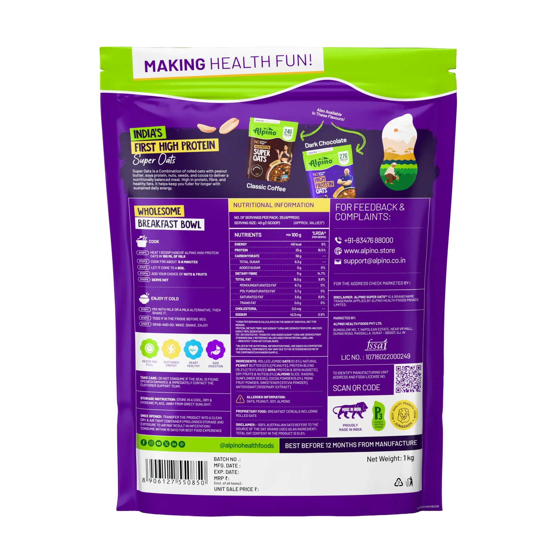 ALPINO 25 Gram High Protein Super Oats Chocolate