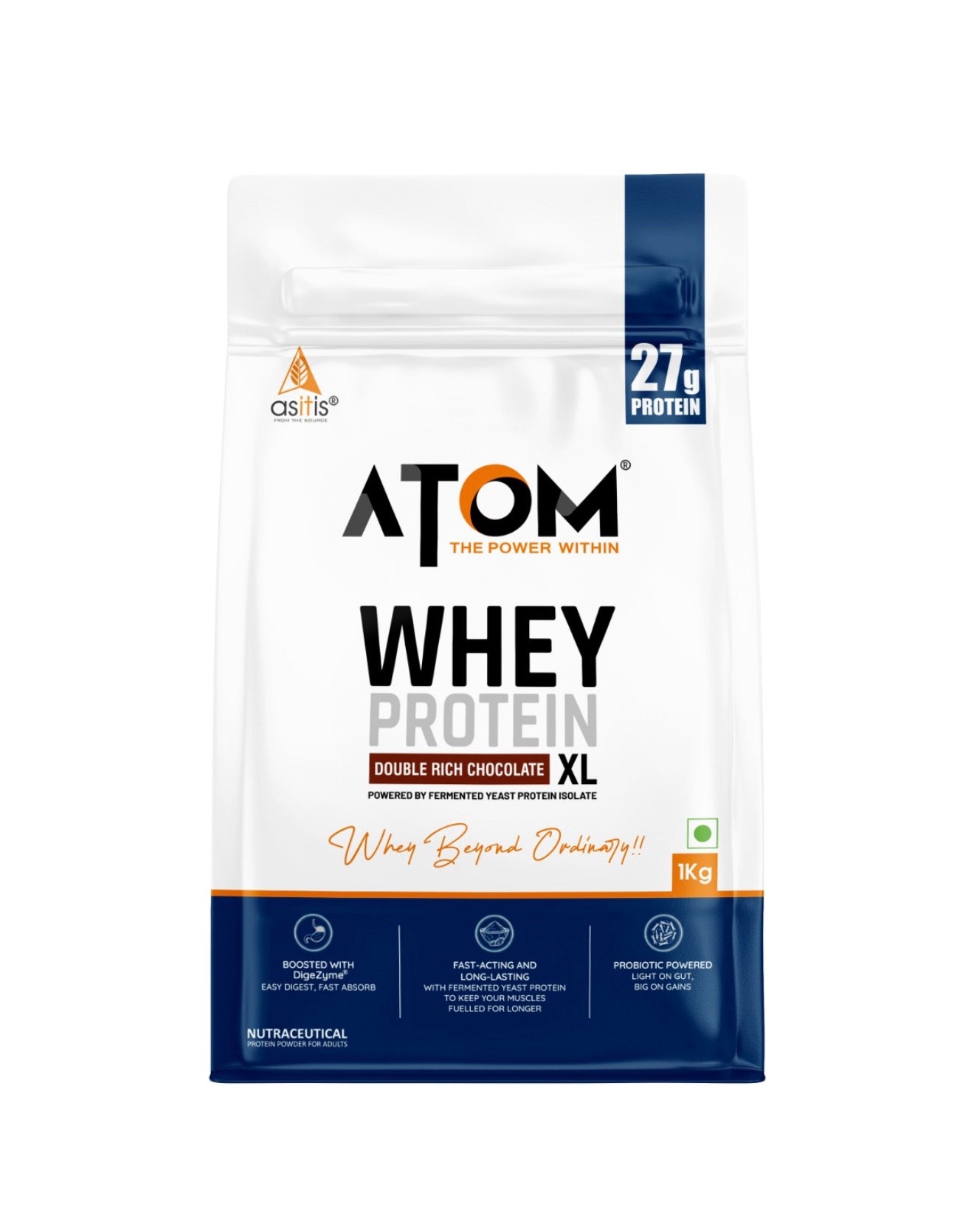 ASITIS ATOM Whey Protein XL 27GM with DigeZyme® & Fermented Yeast Protein