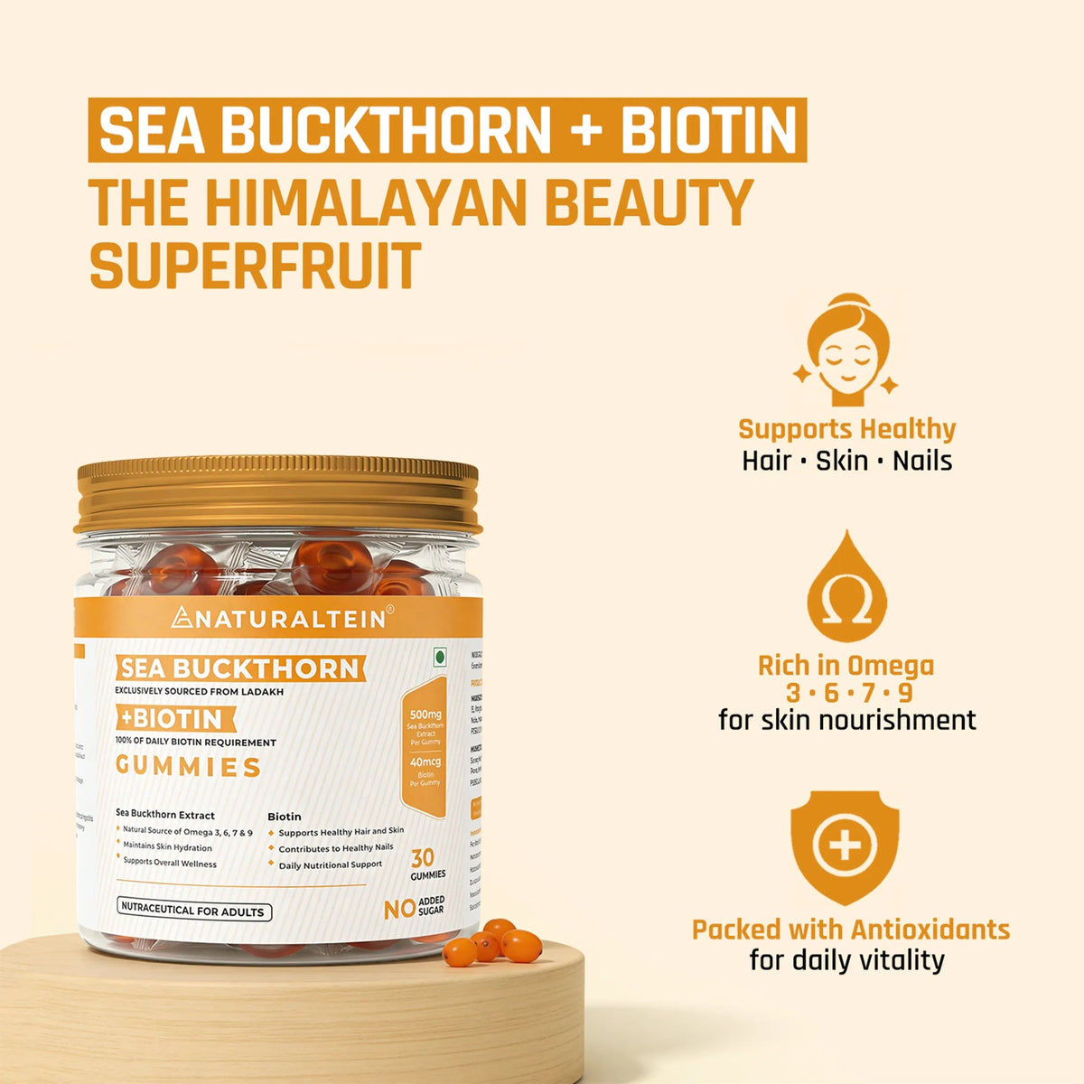 NATURALTEIN Sea Buckthorn + Biotin Gummies (30 Gummies)