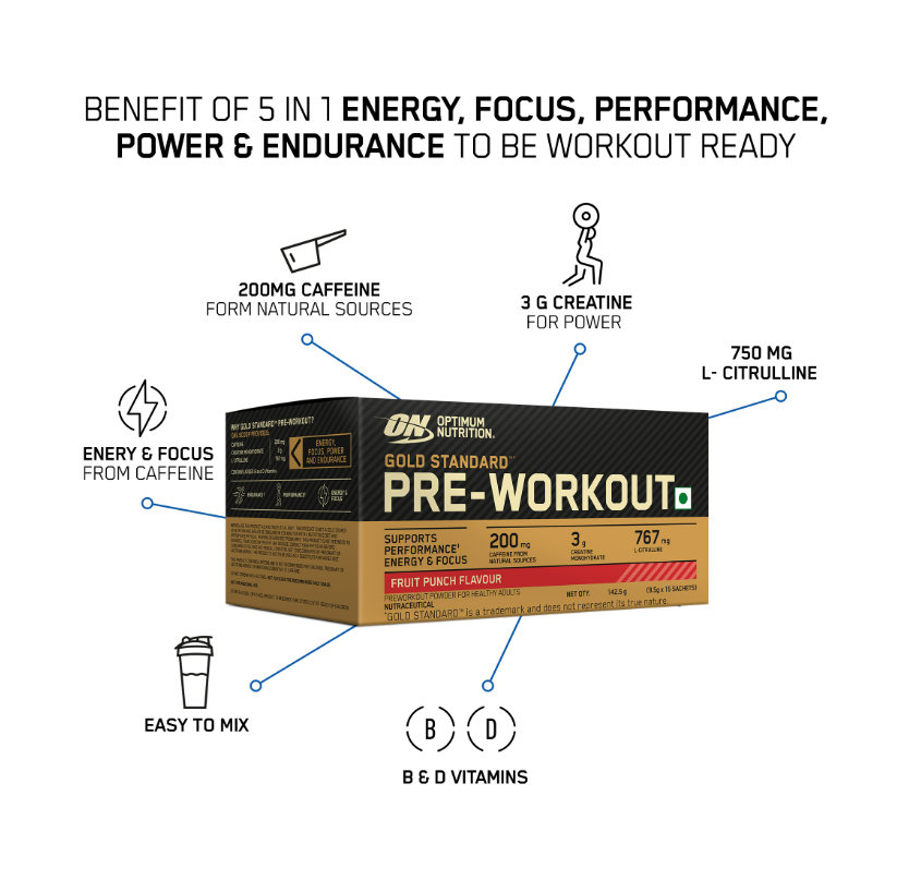 Optimum Nutrition (ON) Gold Standard Pre-Workout- 142.5g/15 single serve packs (Fruit Punch Flavor), For Energy, Focus, Power, Endurance & Performance